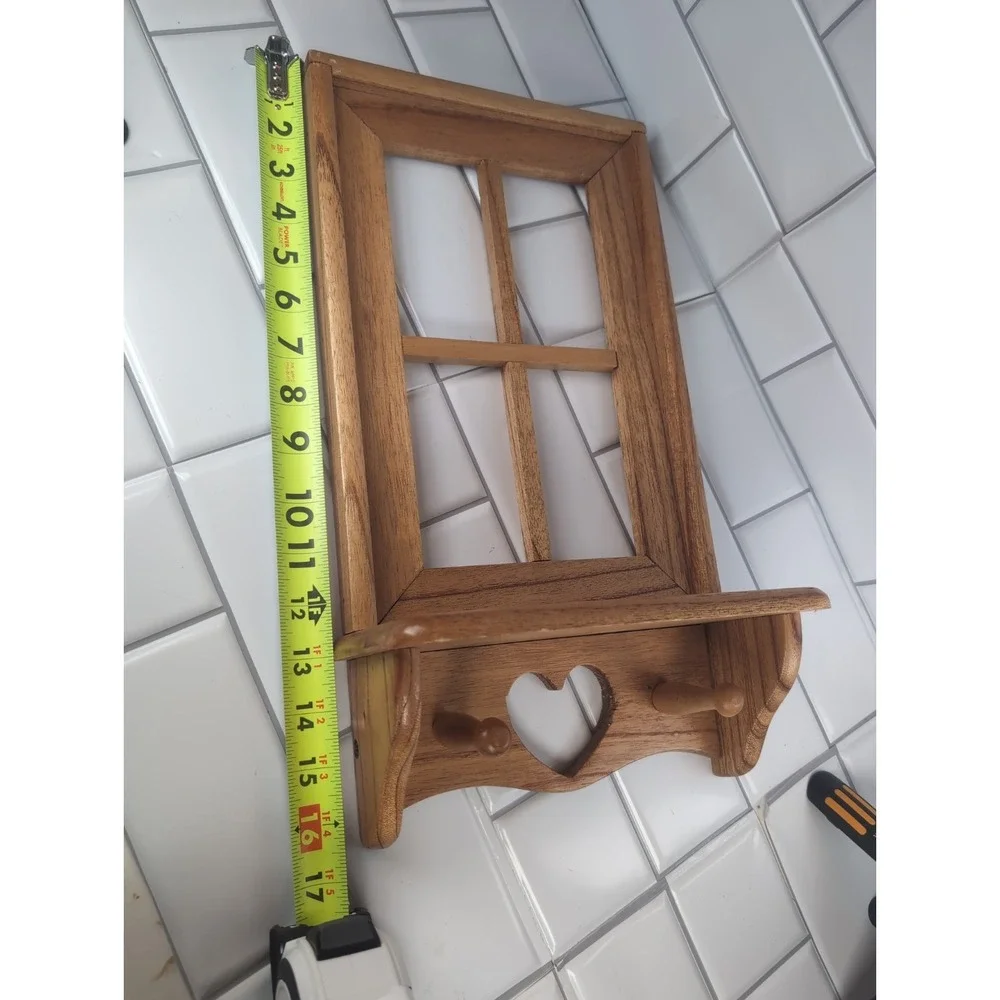 Vintage Window Wooden Wall Display Shelf Trinket W/Heart Cutout And Pegs cottage